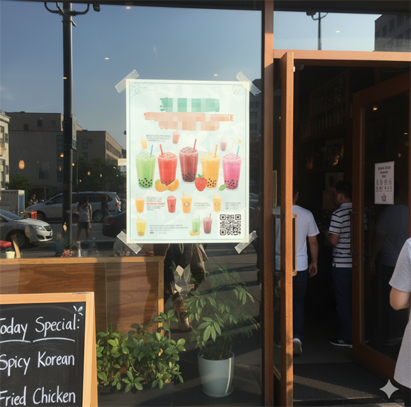 qr code on a promotional poster at the store entrance Cód qr ar phostár cur chun cinn ag iontráil an siopa