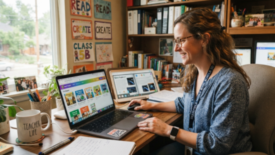 teacher using book creator tool múinteoir ag baint úsáide as uirlis chruthaitheora leabhair